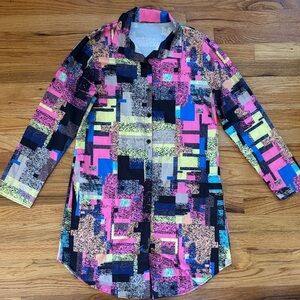 Vibrant Abstract Women's Midi Shirt Dress Sz Medium Retro Art Colorful